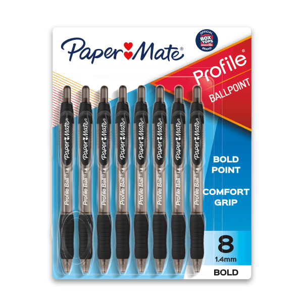 Paper Mate® Profile Retractable Ballpoint Pens, Bold Point, 1.4 mm, Clear Barrel, Black Ink, Pack Of 8 Pens -  1960667