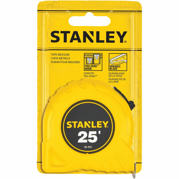 Stanley Tape Measure: 25' Long, 1" Wide, Yellow Blade - 1/16" Graduation, Inch Graduation, Yellow Case | Part #30-455