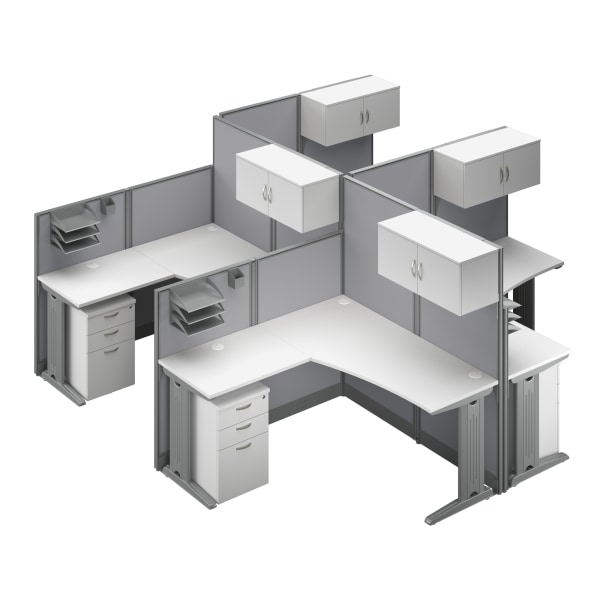 Bush® Business Furniture Office in an Hour 4-Person L-Shaped Cubicle Desks With Storage, Drawers And Organizers, Pure White, Standard Delivery