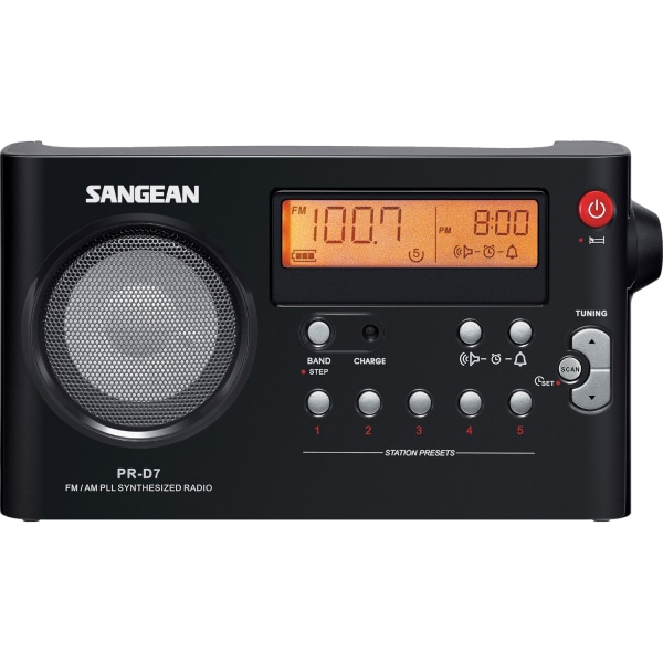 Sangean PR-D7 Desktop Clock Radio, 4-5/8""H x 8-1/2""W x 1-5/8""D, Black -  PR-D7BK