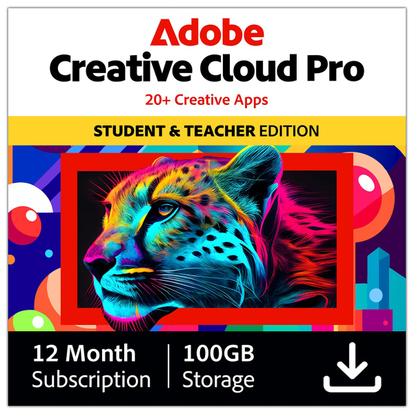 Adobe Creative Cloud, Pro  Student & Teacher Edition, 20+ creative apps plus 100GB Storage,12-Month Subscription, PC/Mac, ESD