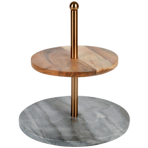 Laurie Gates California Designs Marble And Acacia Wood 2-Tier Server, 12"" x 12"" x 14"", Gray/Brown -  995119094M