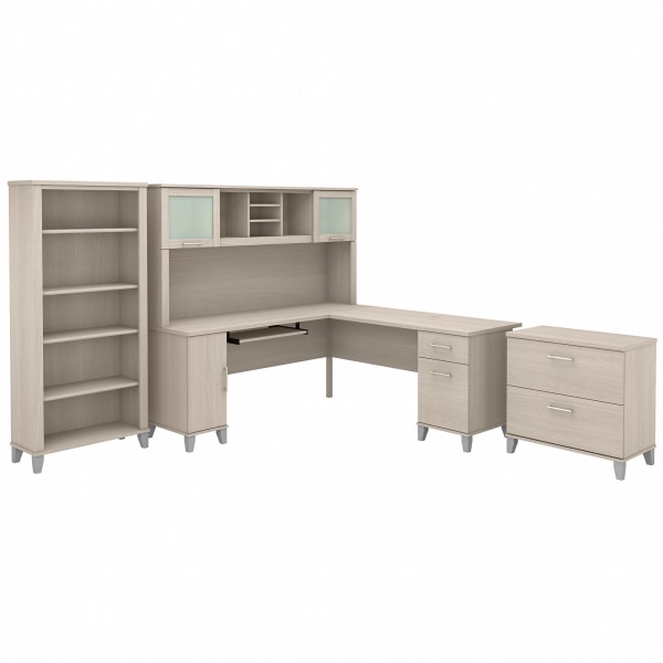 Bush® Furniture Somerset 72""W L-Shaped Desk With Hutch, Lateral File Cabinet And Bookcase, Sand Oak, Standard Delivery -  Bush Business Furniture, SET012SO