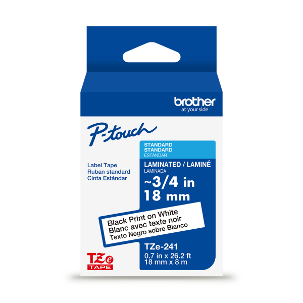 Brother P-touch TZe241, Laminated, 3/4" x 26.2 ft (18mm x 8m), Black on White Label Tape