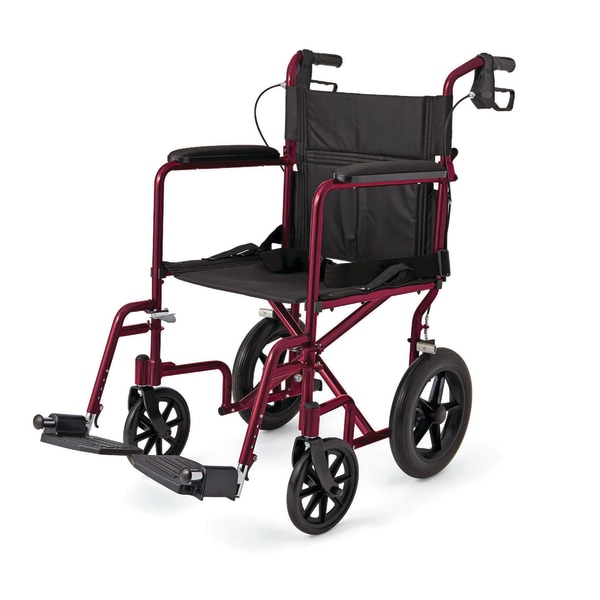 Medline Lightweight Foldable Transport Wheelchair with Handbrakes and 12-Inch Wheels  Red Frame  Black Upholstery