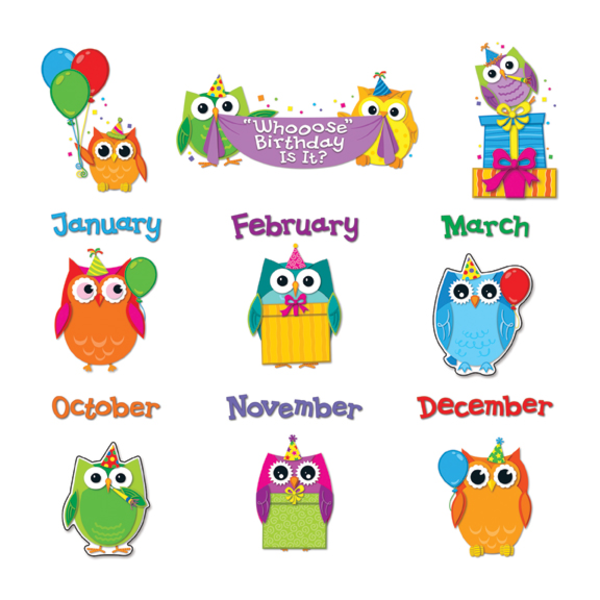 Carson Dellosa Education Colorful Owls Birthday Bulletin Board Set - Birthday, Learning Theme/Subject - 14, 12 (Owl, Month Heading) Shape - Multicolor -  110227