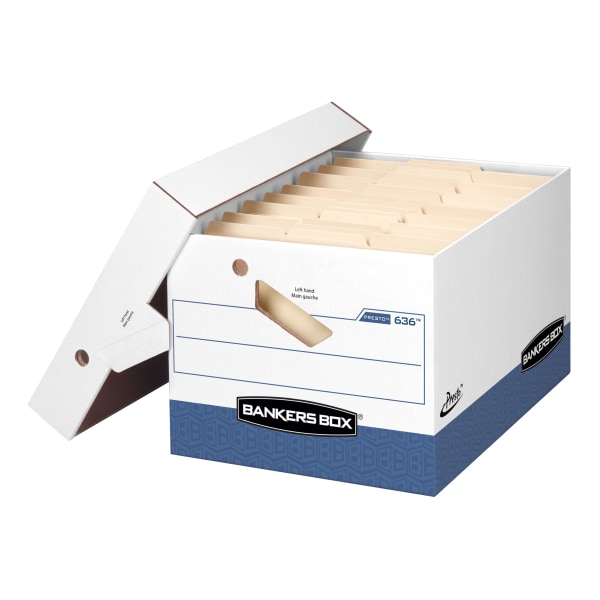 Bankers Box&reg; Presto&trade; Heavy-Duty Storage Boxes With Locking Lift-Off Lids And Built-In Handles, Letter/Legal Size, 15&quot; x 12&quot; x 10&quot;, 60% Recycled, White/Blue, Case Of 4 590055
