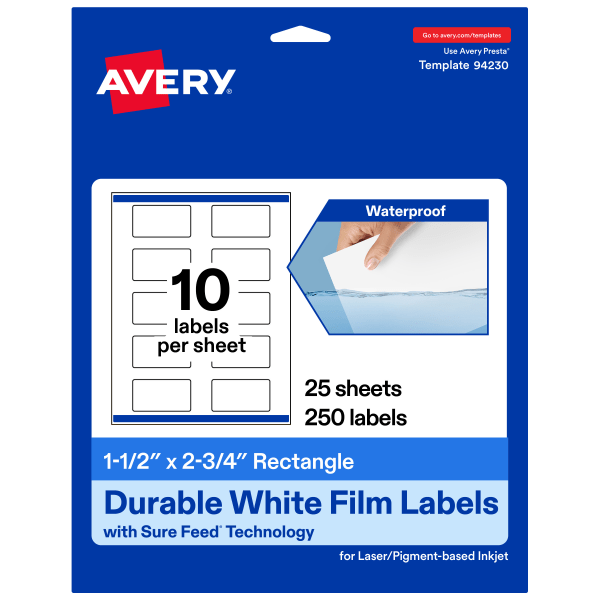 Avery® Waterproof Permanent Labels With Sure Feed®, 94230-WMF25, Rectangle, 1-1/2" x 2-3/4", White, Pack Of 250