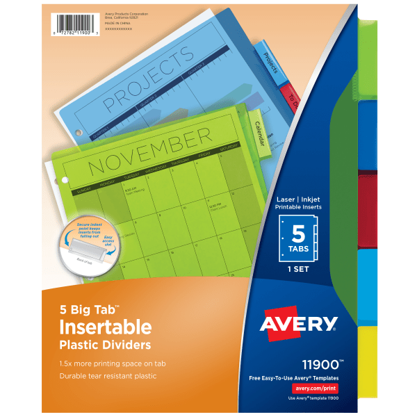 Avery&reg; Big Tab&trade; Insertable Plastic Dividers, Multicolor, 5-Tab AVE11900