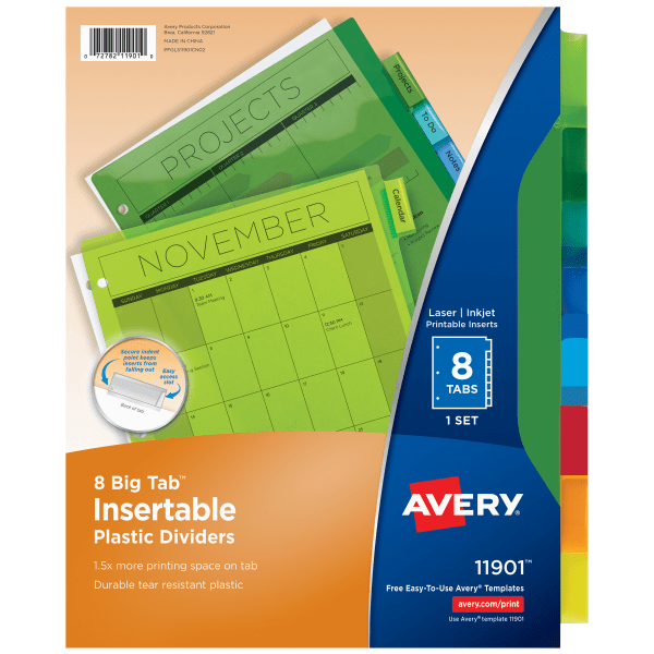 Avery� Dividers for 3 Ring Binders, 8-Tab Binder Dividers, Plastic Binder Dividers, Insertable Big Tab�, Multicolor, 1 Set (11901)