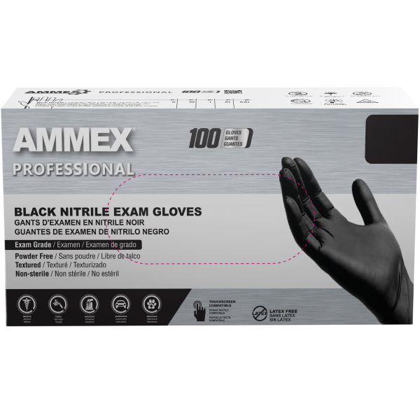 Ammex Professional Series Powder Free Nitrile Exam Gloves, Latex Free, Large, Black, 100/Box (ABNPF46100)
