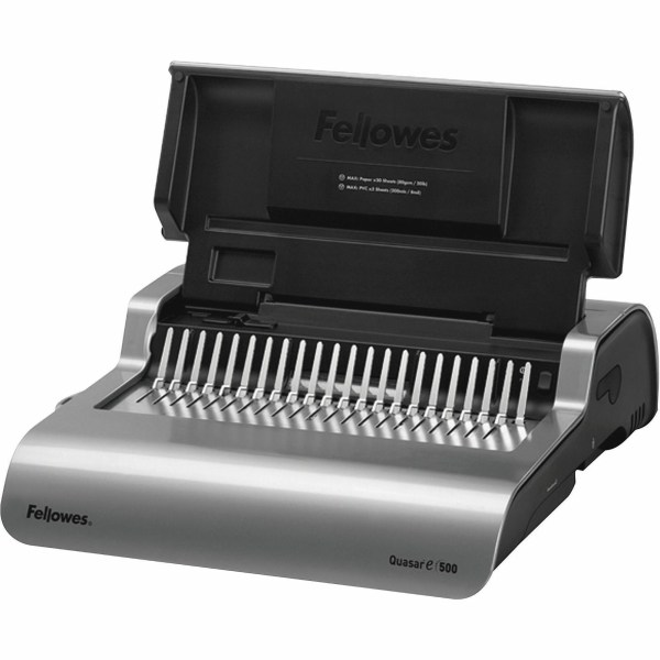 Fellowes Quasar-E Comb Binding Machine, 500 Sheet Capacity, Metallic Silver/Black (5216901), Paper | Quill