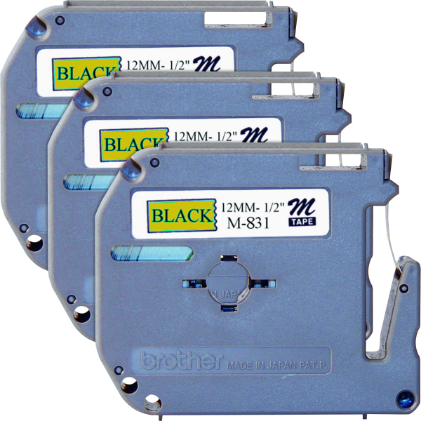 Brother® P-touch Nonlaminated M Series Tape Cartridge, 1/2""W x 26 1/5'L , Rectangle, Black, 3 Per Bundle -  M831BD