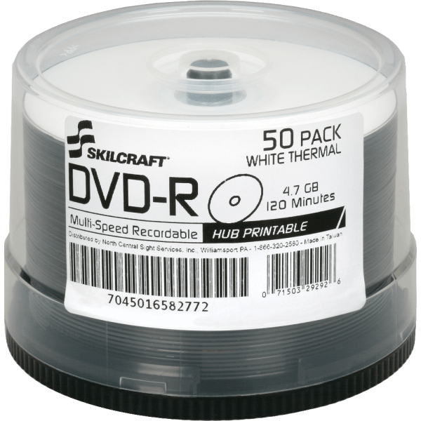SKILCRAFT Laser Printable DVDR Recordable Media With Spindle 470 GB 120 Minutes Pack Of 50 Pack