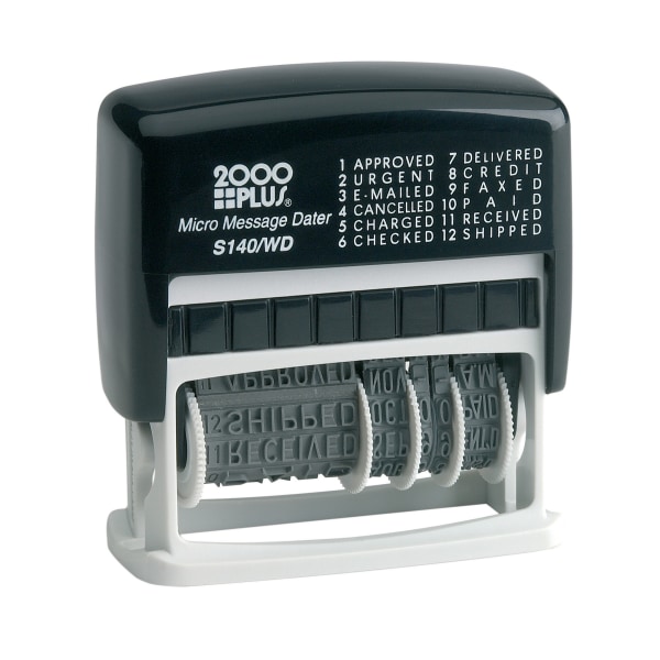 2000 PLUS&reg; Date Phrase Dater Stamp Self-Inking 12-in-1 Micro Date Message Dater Stamp, 12 Phrases, Approved, Urgent, Emailed, Cancelled, Charged, Checked, Delivered, Credit, Faxed, Paid, Received, Shipped; Black Ink COS011090
