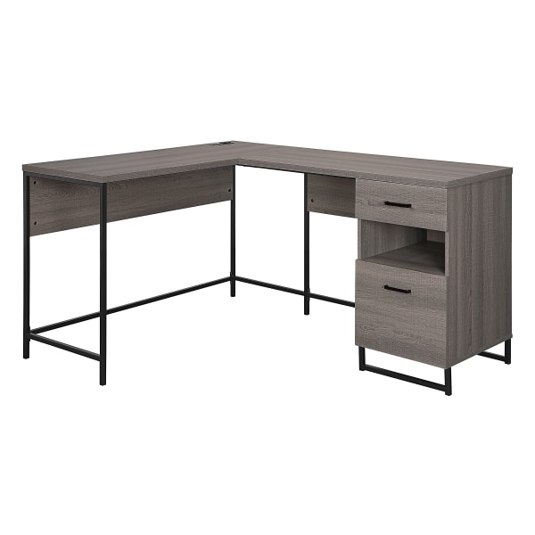 Office Star Hagney Lane 58W L-Shaped Desk With Power And Storage, Farm Oak