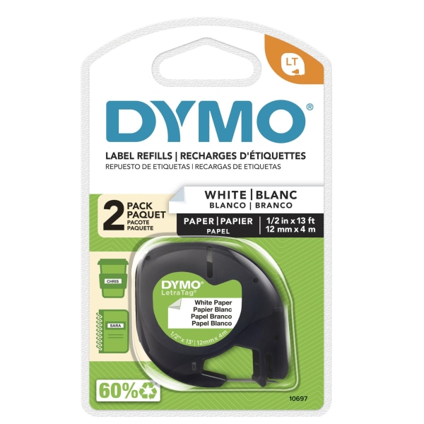 LT 10697 Black-On-White Tape, 0.5" x 13', Pack Of 2