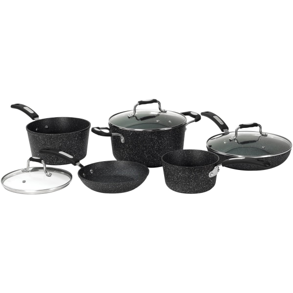 Starfrit The Rock 8-Piece Cookware Set with Bakelite Handles - 1.5 quart Saucepan, 3 quart Saucepan, 5 quart Stockpot, 8" Diameter Frying Pan, 10" Dia
