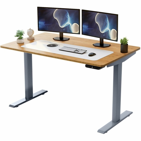 Rise Up Electric Standing Desk 60x30 Natural Bamboo Desktop Dual Motors Adjustable Height Gray Frame (27.2-45.3) with memory