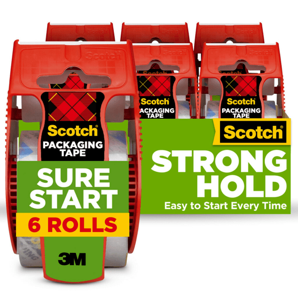Scotch Sure Start Shipping Tape 6 Tape Rolls with Dispensers 1 78 in x 222 yd 15 Core Designed   1456