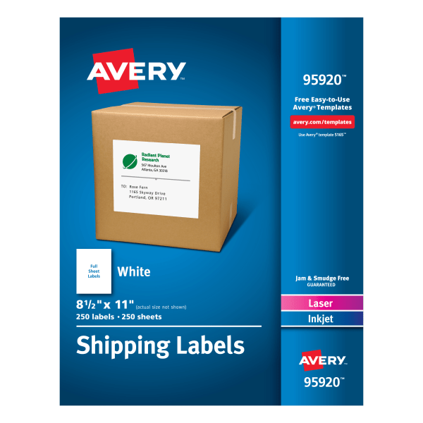 Avery Shipping Labels  8.5  x 11   White  250 Labels (95920)