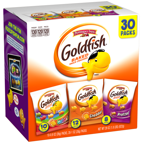 case pack of 4 Goldfish Crackers Big Smiles Variety Pack with Cheddar, Colors, and Pretzels, Snack Packs exp 10/20/24 