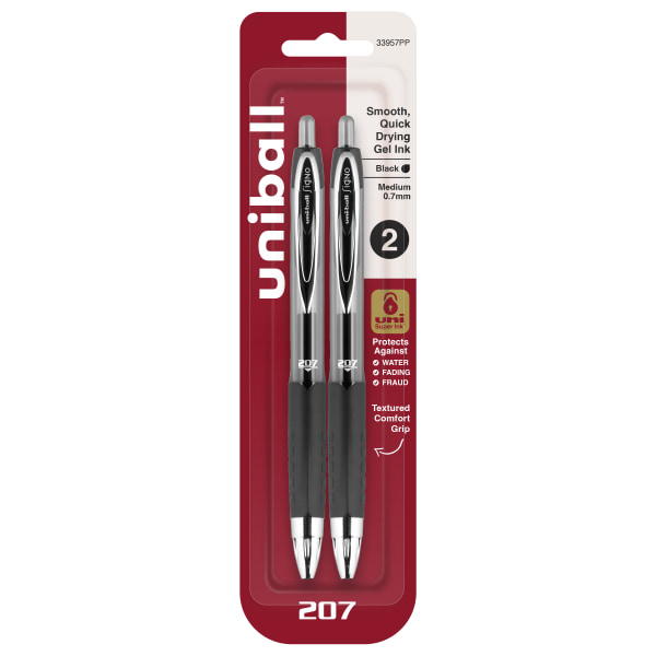 uni-ball Signo Gel 207 Retractable Gel Pens, Medium Point, 0.7 mm, Black Barrel, Black Ink, Pack Of 2