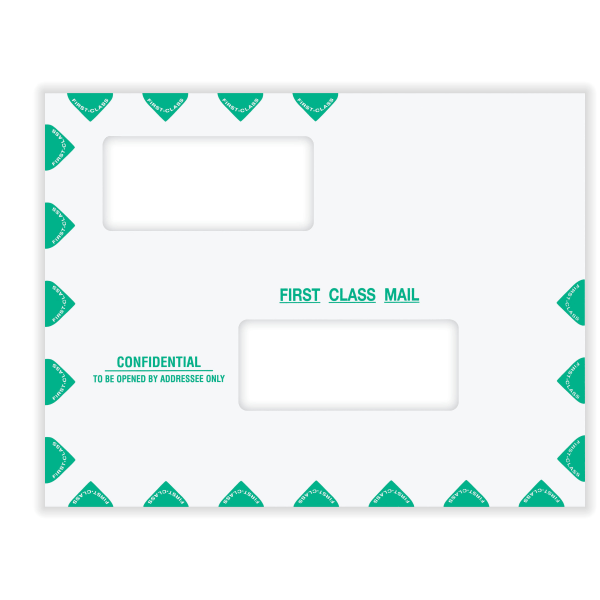 First Class Double Window Tax Mailer Envelope, Offset Windows, White/Green, Self-Seal, 10" x 13", Pack of 50 - PEB02