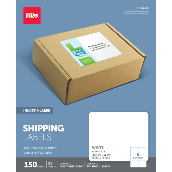 Office Depot® Brand Inkjet/Laser Shipping Labels, Rectangle, 3 1/3" x 4", White, Pack Of 150