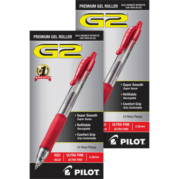 Pilot G2 Premium Gel Roller Retractable Pens, Ultra Fine Point, 0.38 mm, Clear Barrels, Red Ink, Pack Of 12 Pens