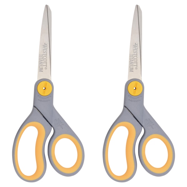 Westcott® Titanium Bonded Scissors, 8", Straight, Soft Handle, Adjustable Guide, Pointed, Gray/Yellow, Pack Of 2