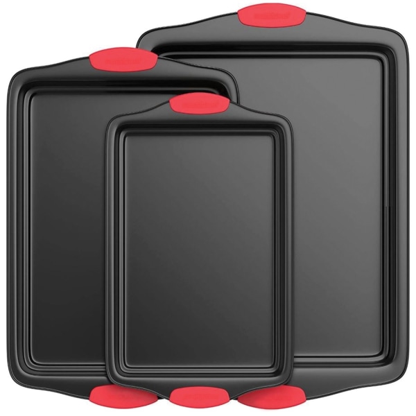 NutriChef 3-Piece Steel Non-Stick Bakeware Set - 3 Pieces - Baking - Dishwasher Safe - Oven Safe - Red, Gray, Black - Carbon Steel Body - Silicone Han