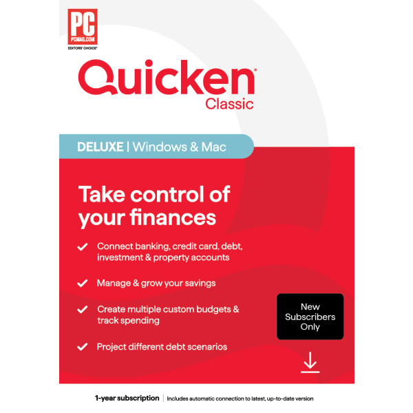 Quicken Classic Deluxe, 1-Year Subscription, Windows®/Mac/iOS/Android Compatible, ESD -  170472