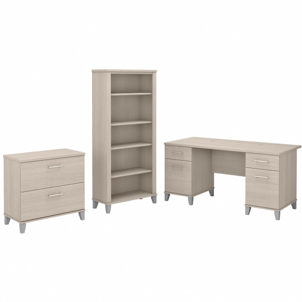 Bush Business Furniture Somerset 60""W Office Computer Desk With Lateral File Cabinet And 5-Shelf Bookcase, Sand Oak, Standard Delivery -  SET013SO