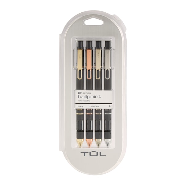 TUL BP Series Retractable Ballpoint Pens, Mixed Metals, Medium Point, 1.0 mm, Black Barrel, Black Ink, Pack Of 4 Pens