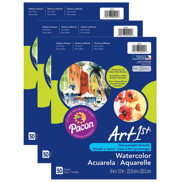 Pacon® UCreate Watercolor Paper, 9" x 12", White, 50 Sheets Per Pack, Set Of 3 Packs