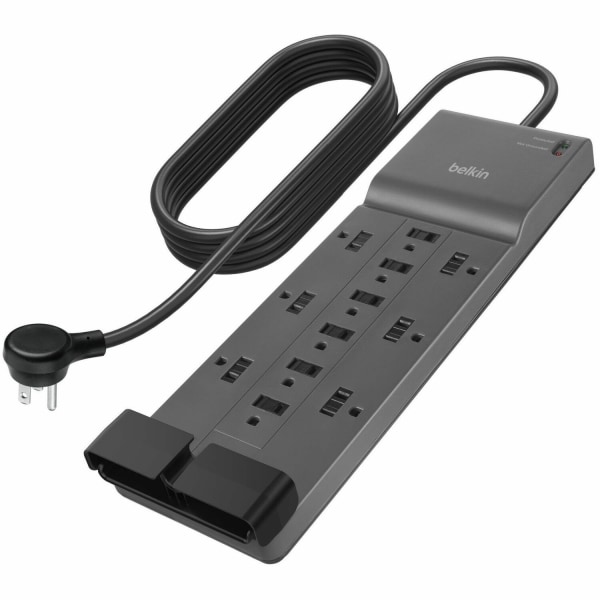 Belkin 12-Outlet Surge Protector w/ 12 AC Outlets & 2.4M Long Flat Plug Heavy-Duty Extension Cord for Home, Office, Travel, Computer Desktop, Laptop &