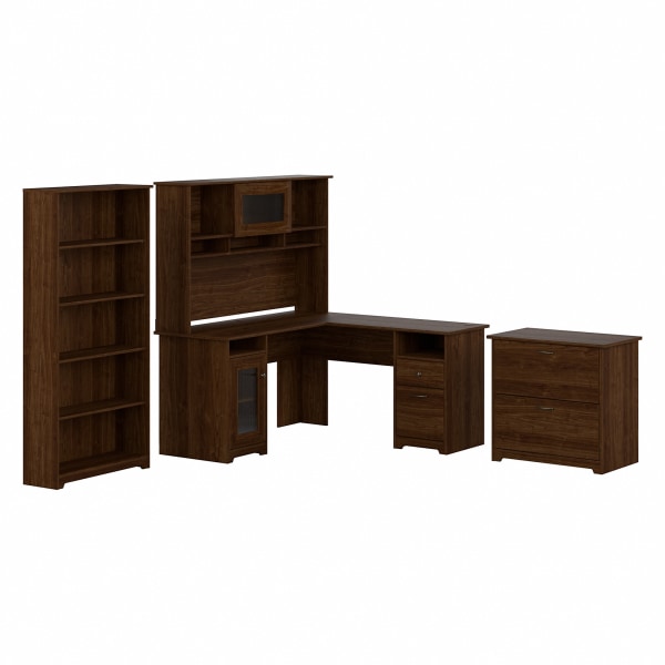 Bush Business Furniture Cabot 60""W L-Shaped Corner Desk With Hutch, Lateral File Cabinet And 5-Shelf Bookcase, Modern Walnut, Standard Delivery -  CAB010MW