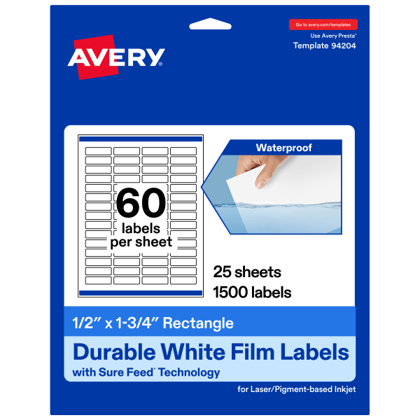 Avery® Waterproof Permanent Labels With Sure Feed®, 94204-WMF25, Rectangle, 1/2" x 1-3/4", White, Pack Of 1,500