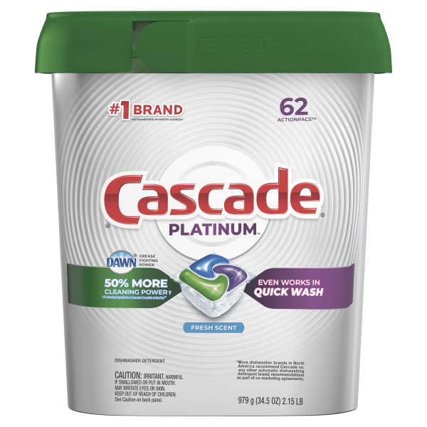 Cascade Platinum Dishwasher Pods Fresh Scent 62 Pods Per Case Set Of 3 Cases