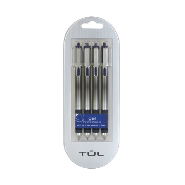 TUL GL Series Retractable Gel Pens, Fine Point, 0.5 mm, Silver Barrel, Blue Ink, Pack Of 4 Pens