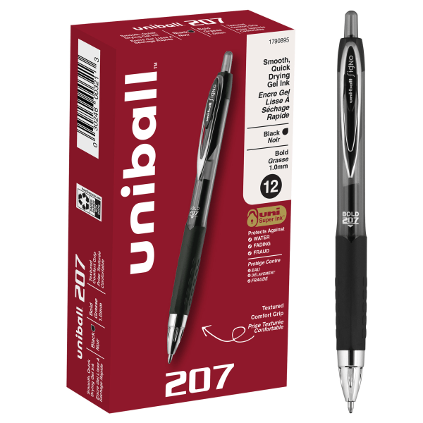 uni-ball 207 Retractable Fraud Prevention Gel Pens, Bold Point, 1.0 mm, Translucent Gray Barrel, Black Ink, Pack Of 12