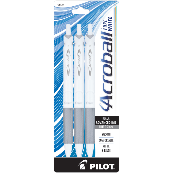 Pilot Acroball Pure White Ball Point Pens, Fine Point, 0.7mm, White Barrels, Black Ink, Pack Of 3 Pens