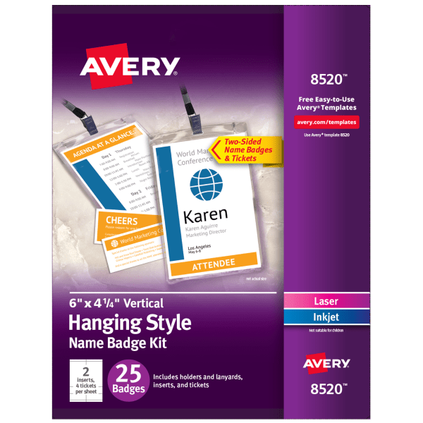 Avery Customizable Name Badges  6  x 4.25   Printable Name Tag Inserts with Tickets  25 Vertical Name Tag Holders with Lanyards (8520)