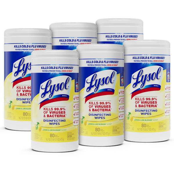 Lysol® Disinfecting Wipes, Lemon & Lime Blossom Scent, 80 Sheets Per Tub, Box Of 6 -  19200-77182