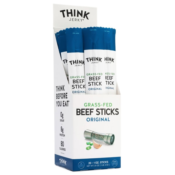 Think Jerky  Original Grass-Fed Beef Sticks (1.0 Ounce Sticks  Pack of 20 Sticks) - Sugar Free  Gluten Free  Non GMO  No Nitrates  Keto Friendly  Paleo  High Protein  Low Carb