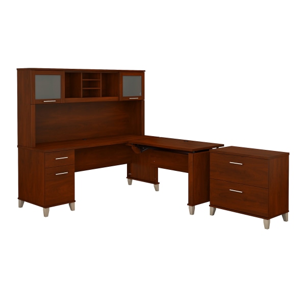 Bush Furniture Somerset 72""W 3 Position Sit to Stand L Shaped Desk With Hutch And File Cabinet, Hansen Cherry, Standard Delivery -  SET016HC