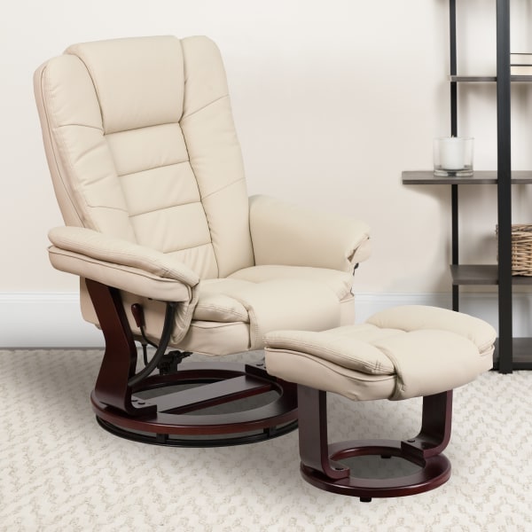 Flash Furniture LeatherSoft™ Faux Leather Recliner And Ottoman, Beige/Mahogany -  BT7818BGE