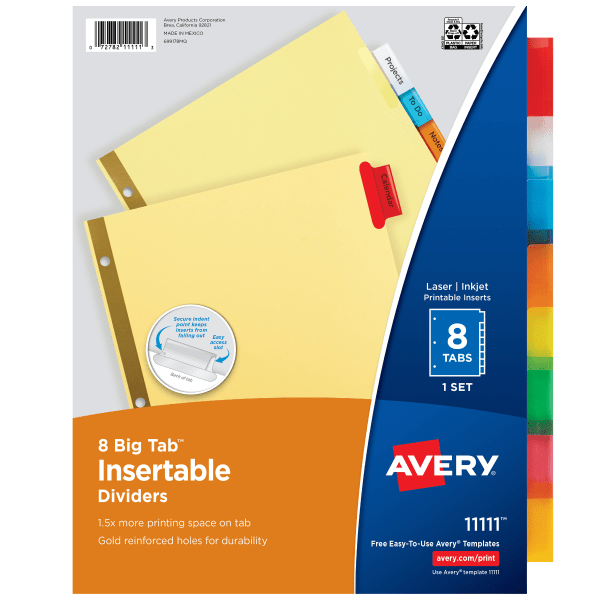 Avery® Big Tab™ Insertable Dividers, Gold Reinforced, Buff/Multicolor, 8-Tab