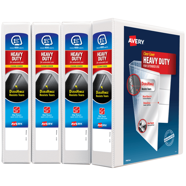Avery Heavy-Duty View 3 Ring Binders  1.5  One Touch Slant Rings  4 White Binders (79795)